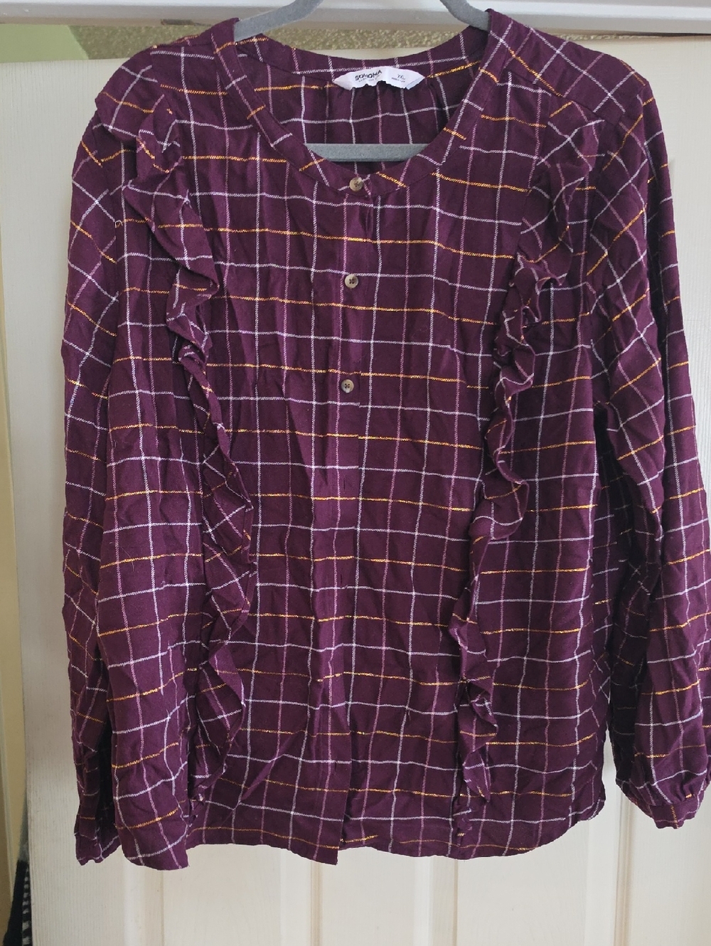 Ruffled Plaid Button-Front Blouse — Plum with Mustard & White Grid
